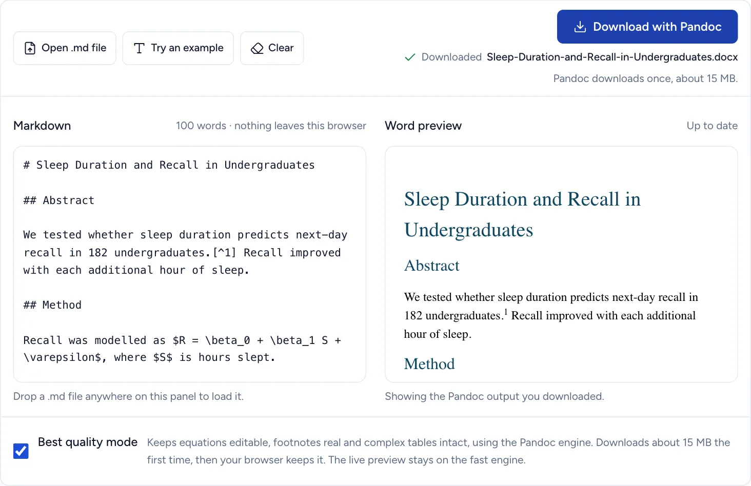 A short paper in the converter with best quality mode switched on: a footnote marker in the Markdown on the left, and on the right the Word preview with a superscript footnote reference in the abstract