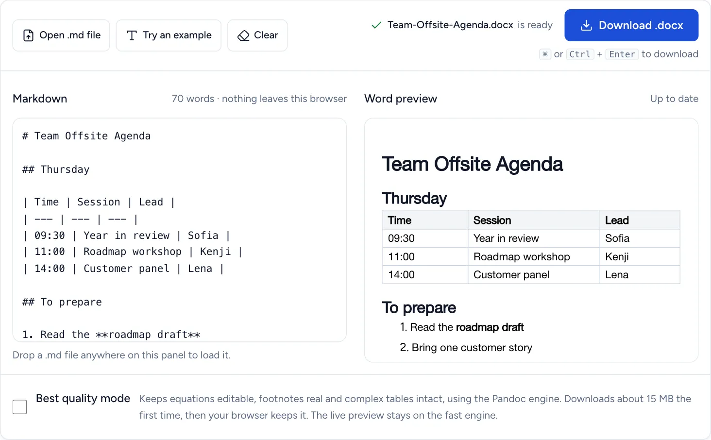 An offsite agenda in the converter: a Markdown table and a numbered list on the left, and on the right the Word preview with a real table and a real numbered list, ready to download as a .docx file
