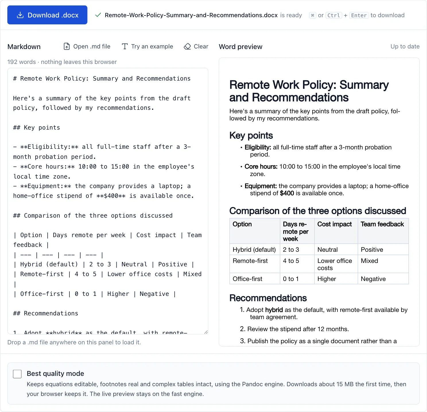 A ChatGPT-style answer in the converter: the raw Markdown with hashes, asterisks and pipe characters on the left, and the converted Word document with real headings, bold text and a table on the right