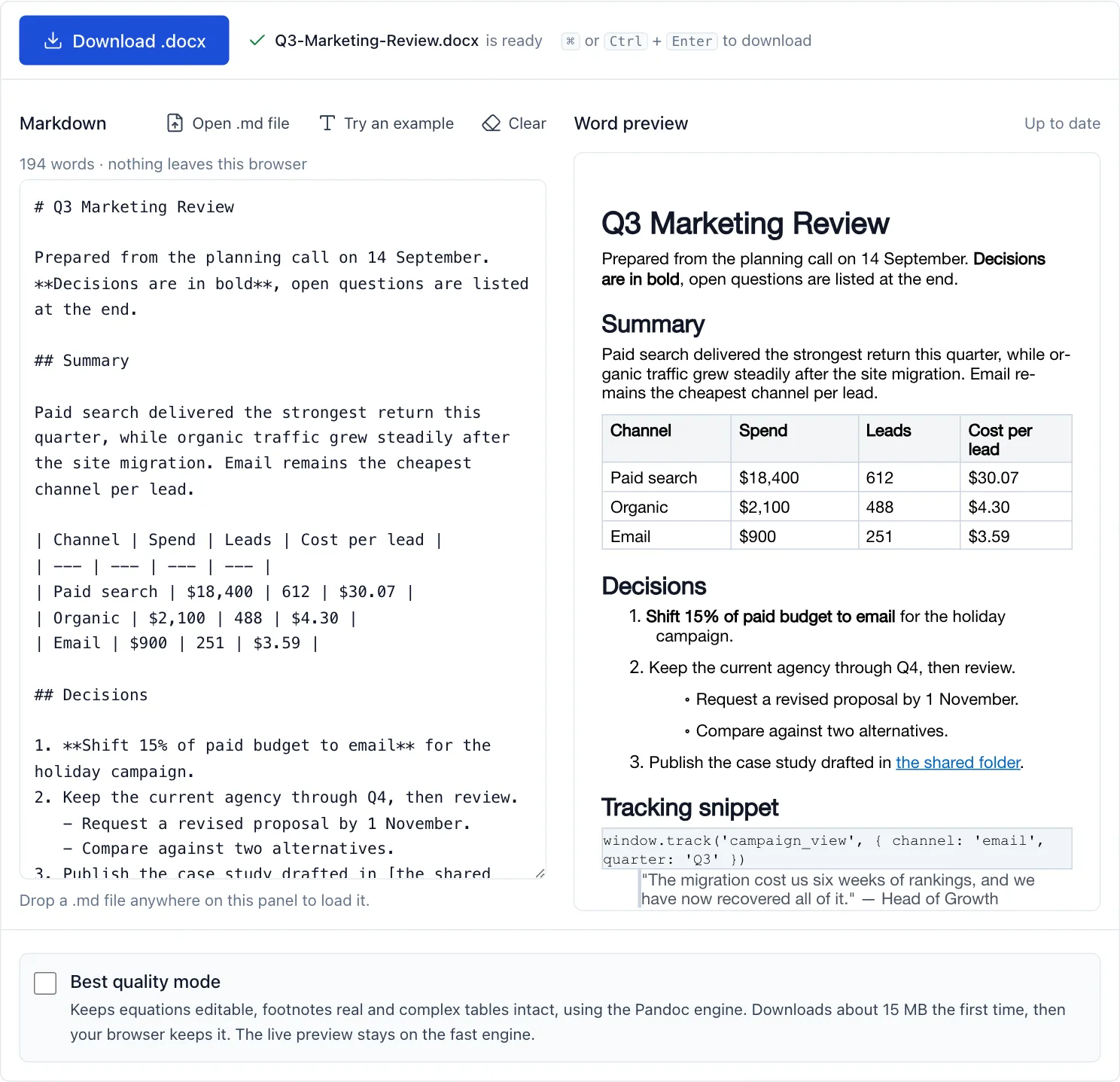 The converter with an example loaded: raw Markdown with hashes, asterisks and pipe characters in the editor on the left, and the same content as a Word document with real headings, bold text and a table in the preview on the right