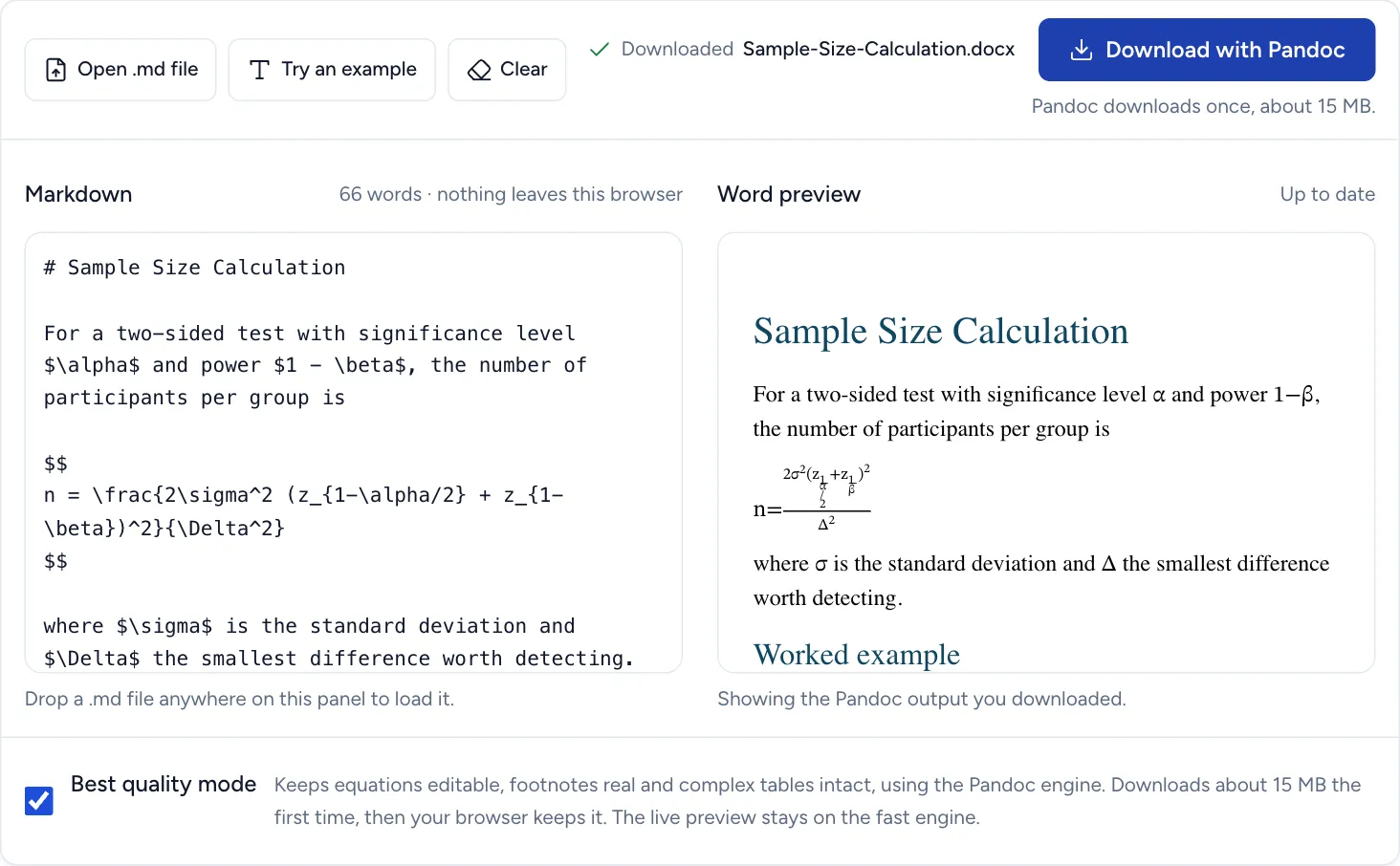 A sample size calculation in the converter with best quality mode switched on: LaTeX between dollar signs on the left, and on the right the Word preview showing a typeset fraction and Greek letters as real equations