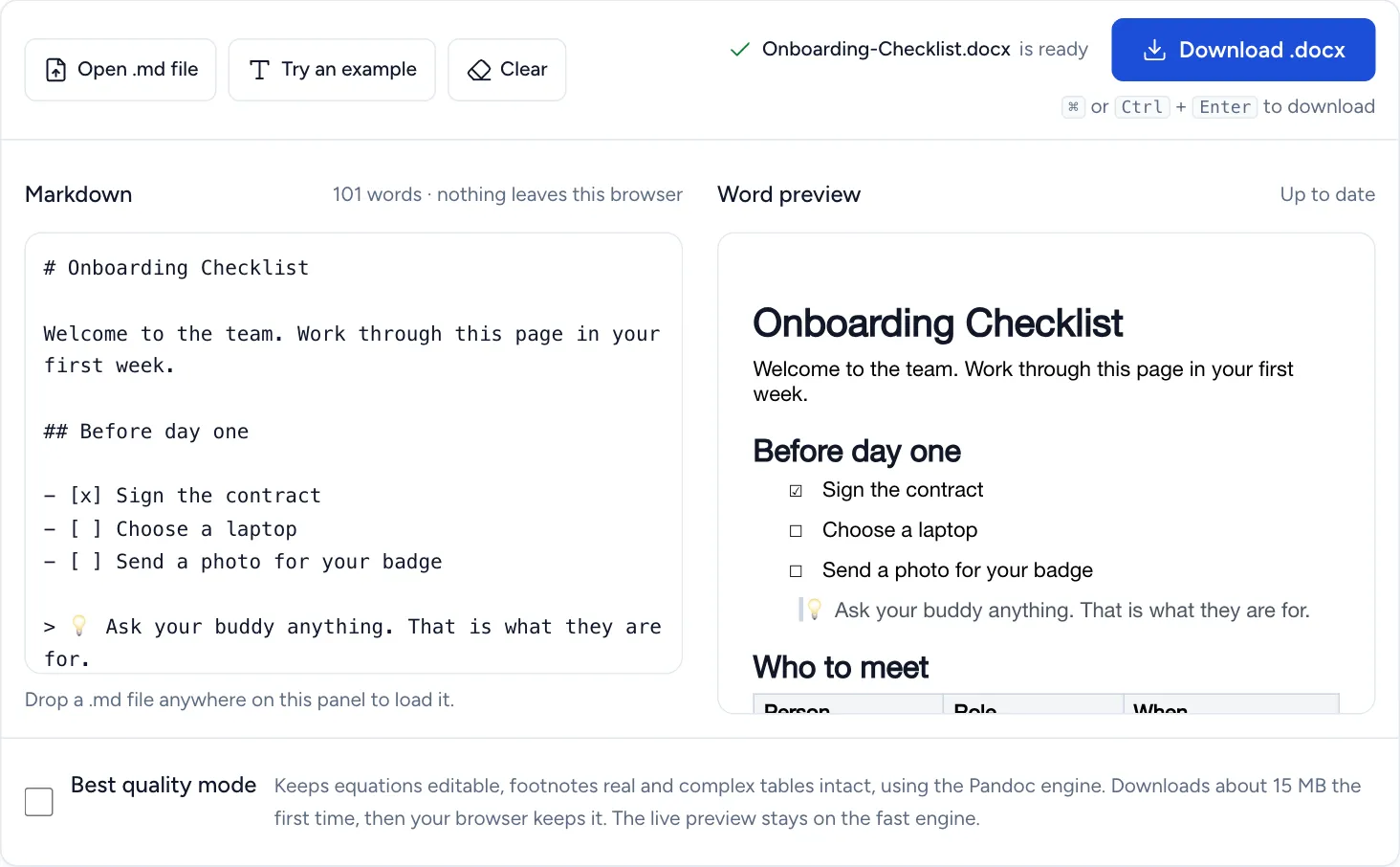 A Notion page export in the converter: a to-do list, a callout and a table as Markdown on the left; on the right the Word preview with marked and empty boxes for the to-dos and the callout as a quote with its emoji