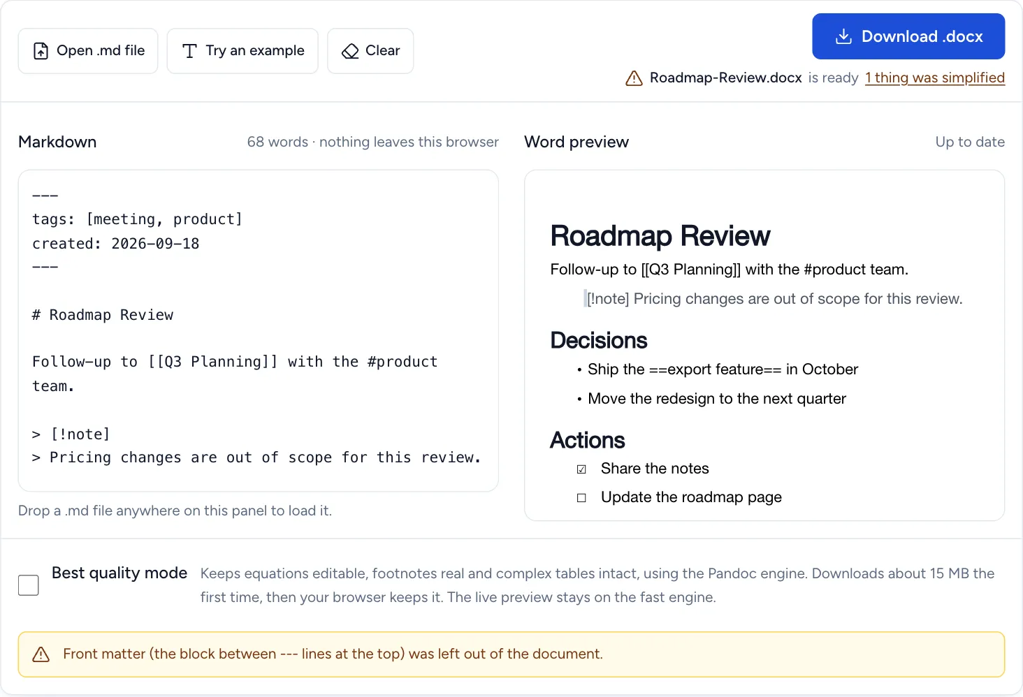 An Obsidian note in the converter: front matter, a wikilink, a callout, a highlight and a task list on the left; on the right the Word preview with the wikilink and highlight markers as typed, the callout as a quote, tasks as empty and marked boxes, and a notice that front matter was left out