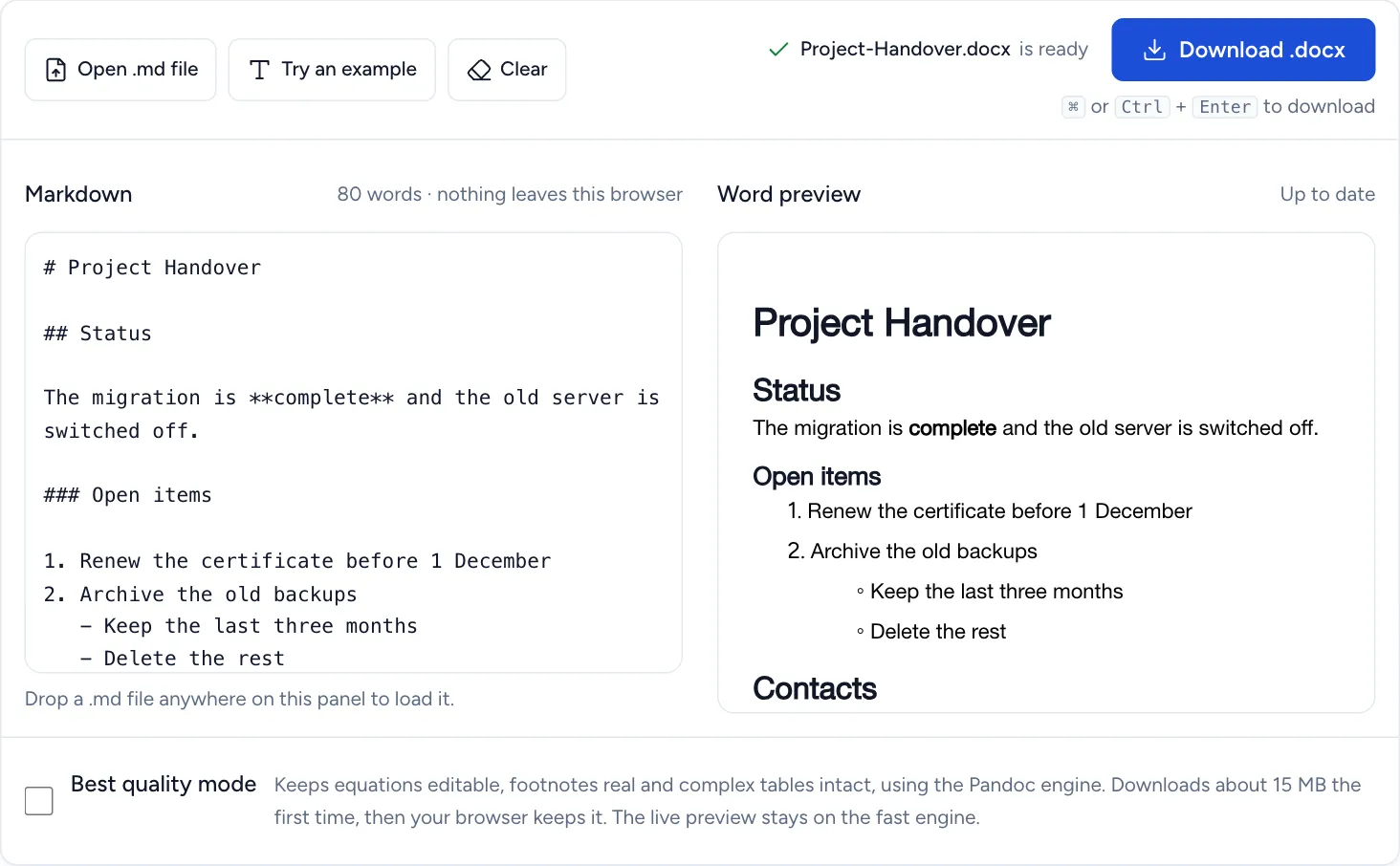A project handover note in the converter: Markdown with three heading levels and a nested list on the left, and on the right the Word preview with a title, a section heading, a sub-heading and a numbered list with nested bullets